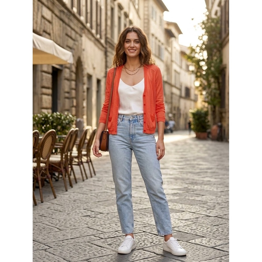 Max & Co Coral Orange Pointelle Mesh V-Neck Cardigan Sweater Small 834114340003